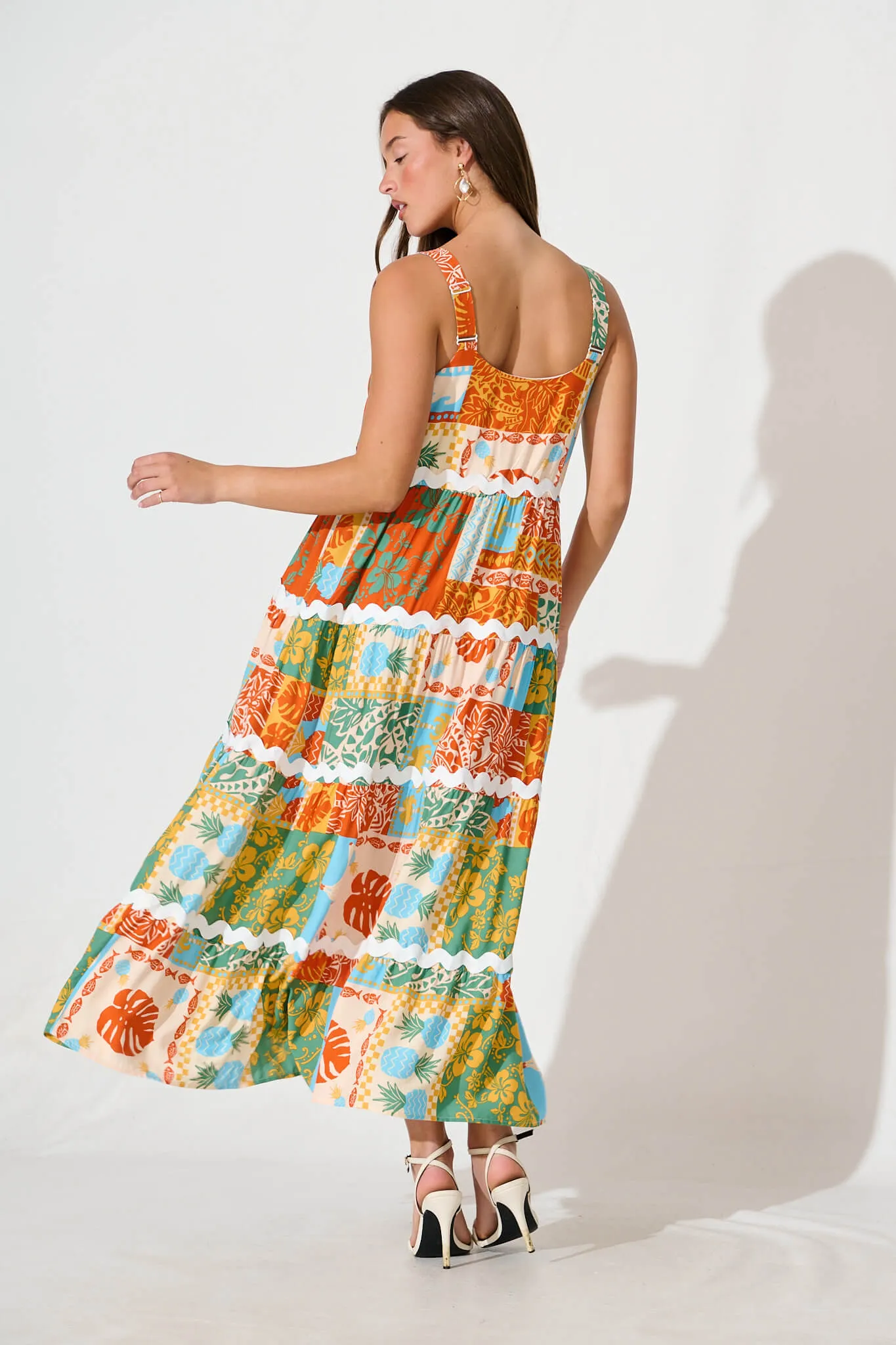 Jolie Maxi Sundress in Multi Orange Print with Ric Rac Trim sold by St Frock product image thumbnail 4