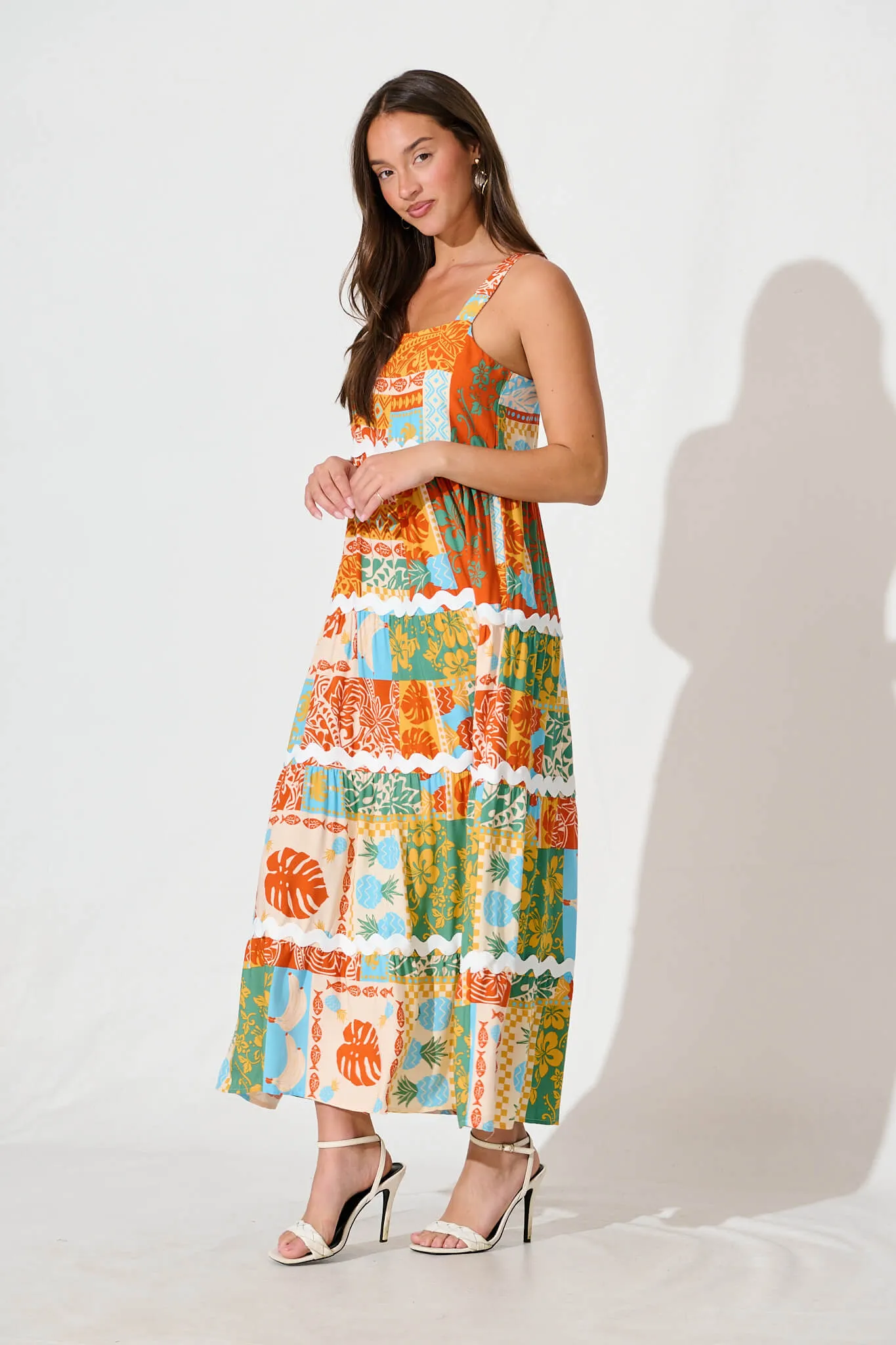 Jolie Maxi Sundress in Multi Orange Print with Ric Rac Trim sold by St Frock product image thumbnail 3