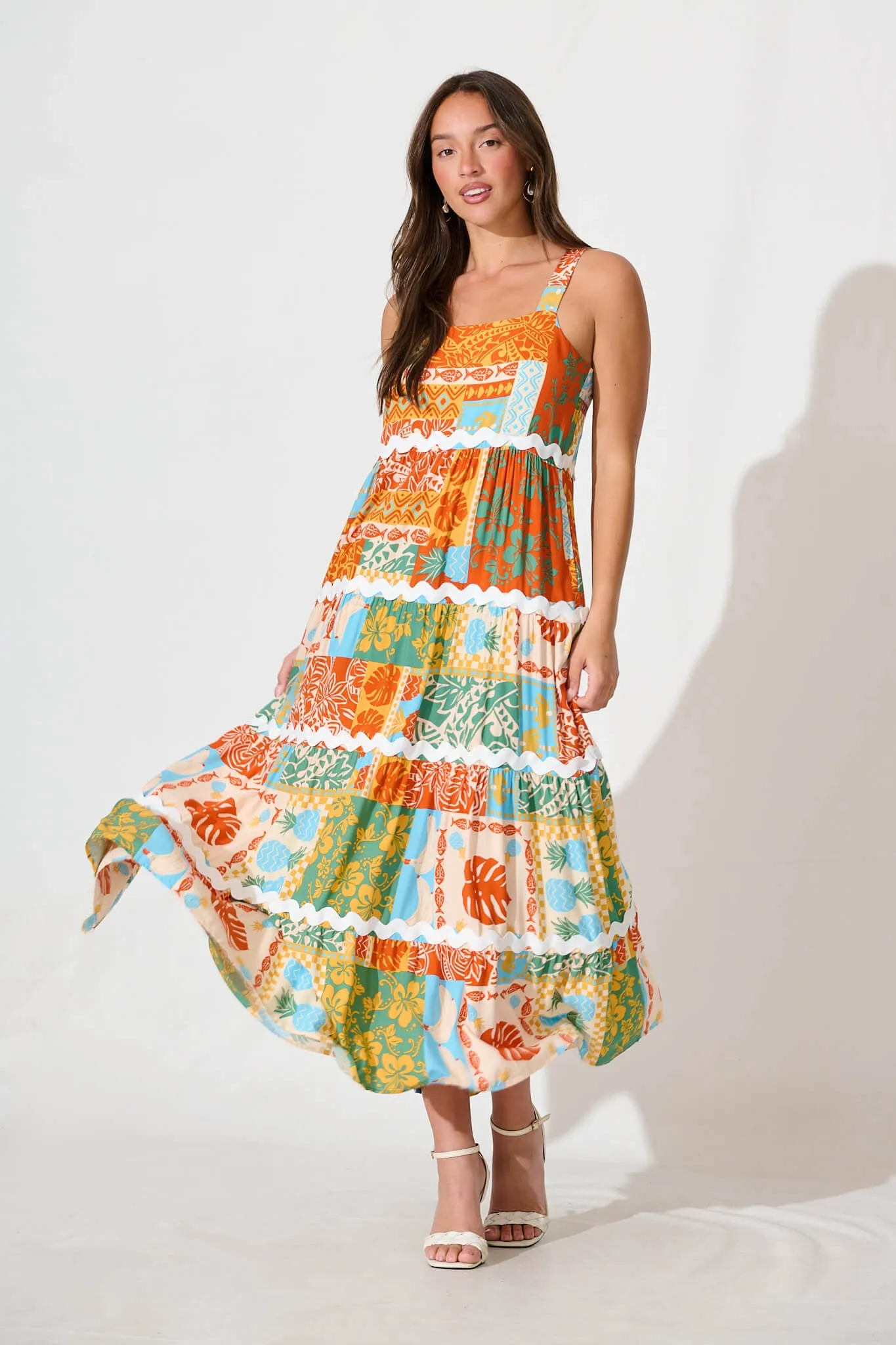 Jolie Maxi Sundress in Multi Orange Print with Ric Rac Trim sold by St Frock