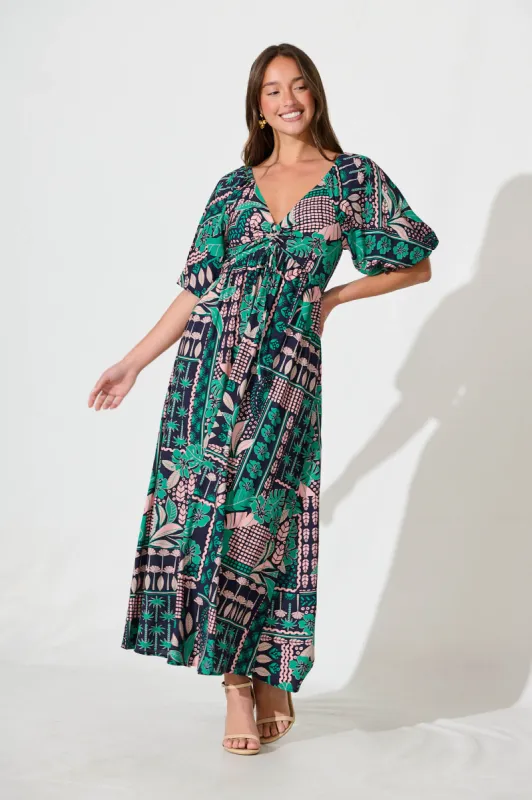 Coverdale Maxi Dress In Navy With Green And Blush Patchwork sold by St Frock