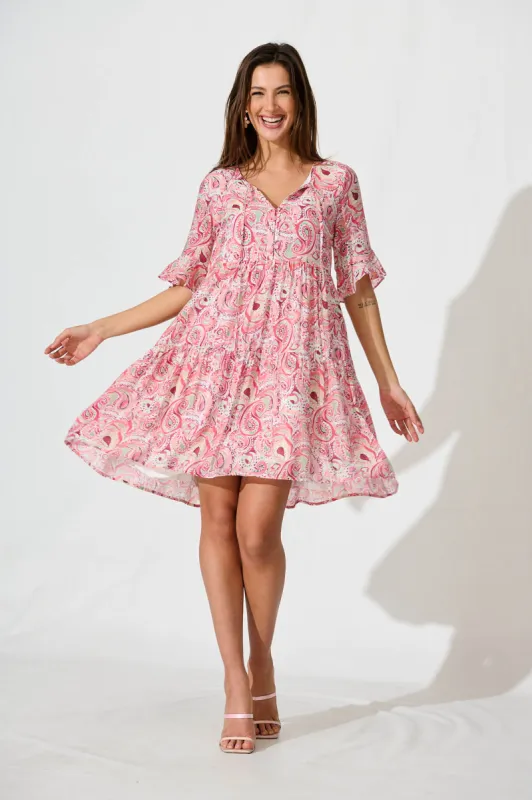Torance Smock Dress In Pink With Multi Paisley sold by St Frock