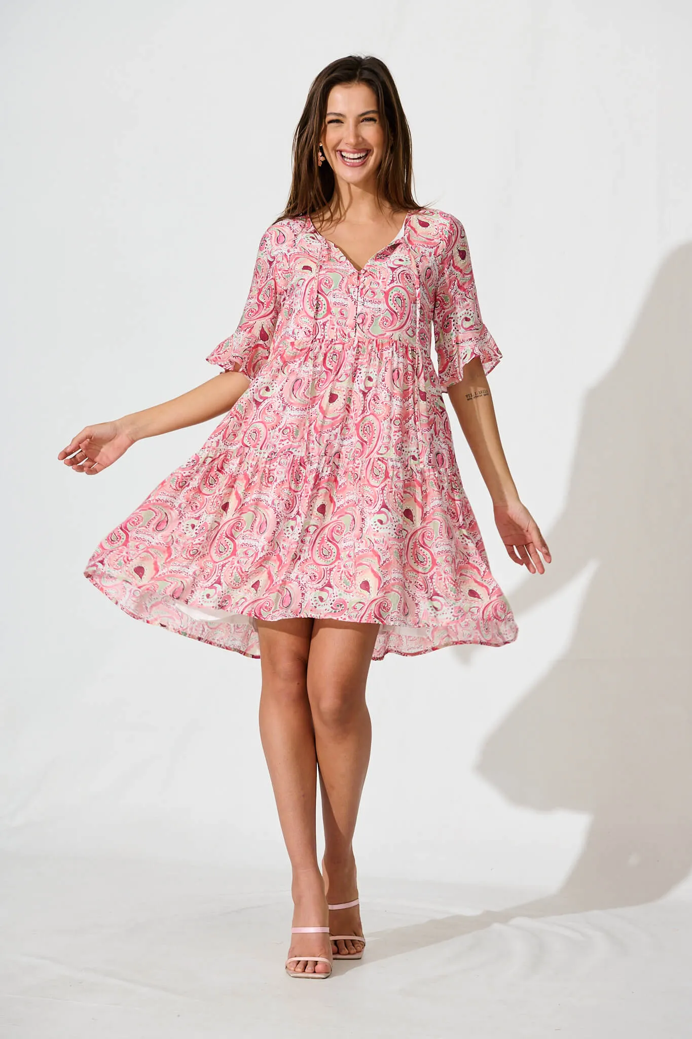 Torance Smock Dress In Pink With Multi Paisley sold by St Frock