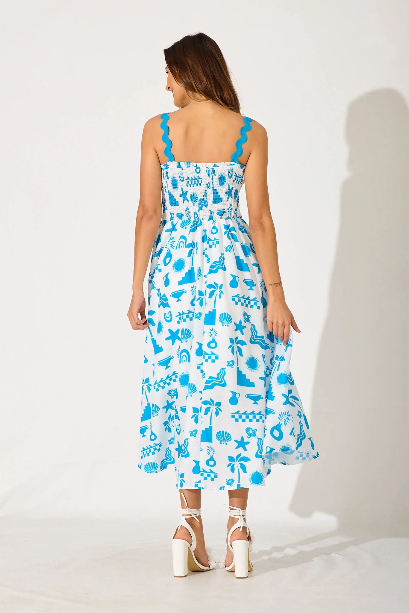 Mora Maxi Sundress In White Blue Ric Rac Trim Cotton Blend sold by St Frock product image thumbnail 5