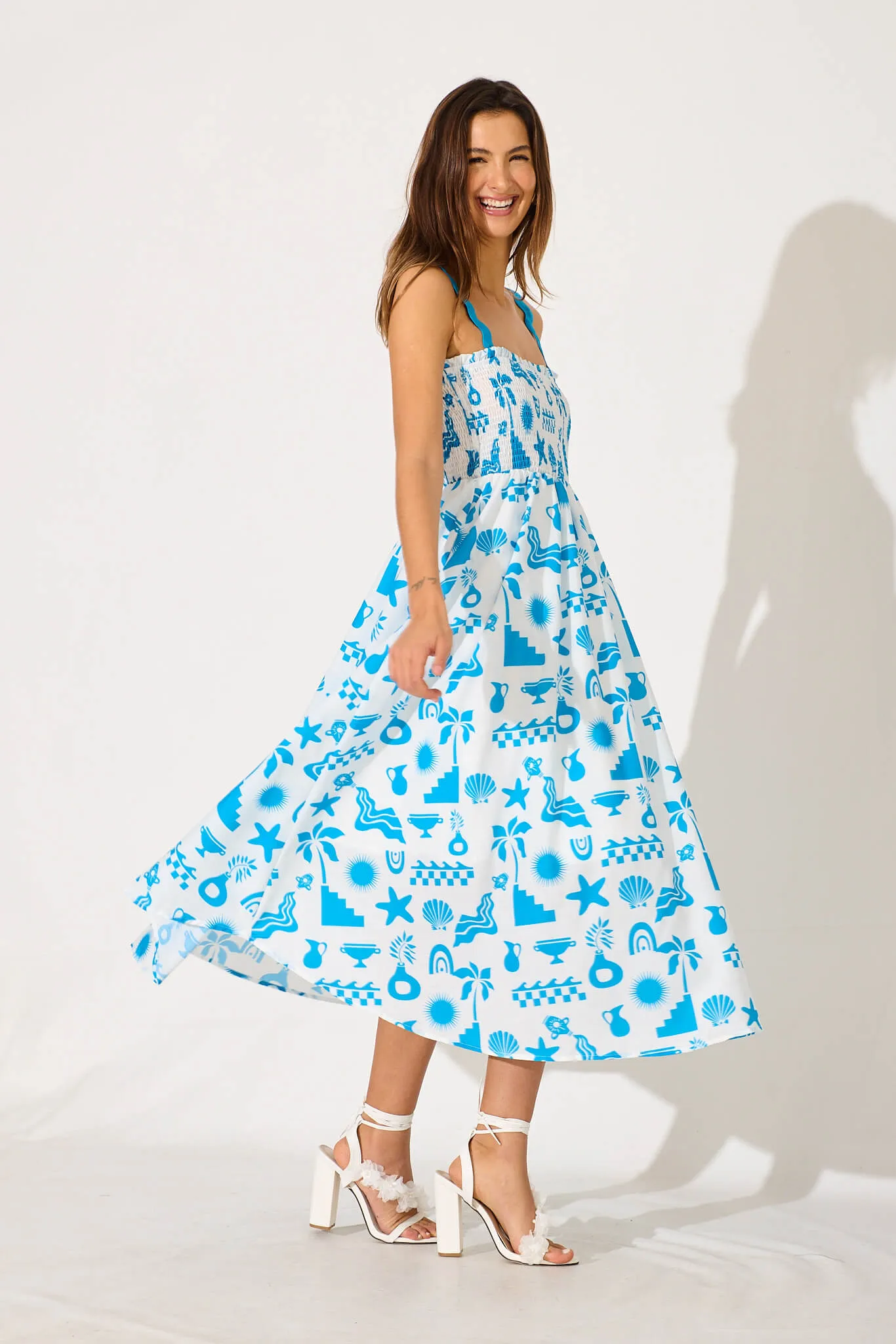 Mora Maxi Sundress In White Blue Ric Rac Trim Cotton Blend sold by St Frock product image thumbnail 4