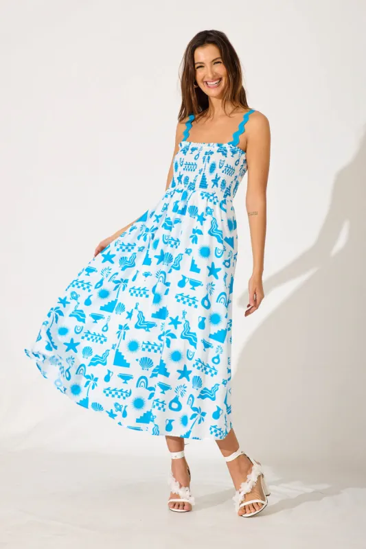 Mora Maxi Sundress In White Blue Ric Rac Trim Cotton Blend sold by St Frock