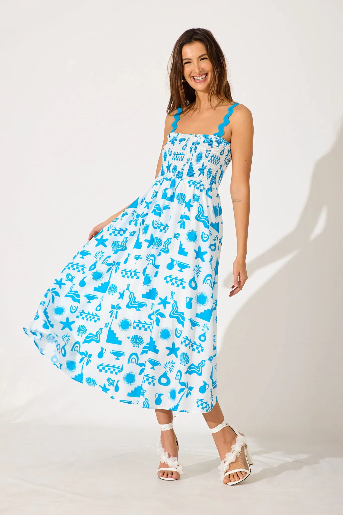 Mora Maxi Sundress In White Blue Ric Rac Trim Cotton Blend sold by St Frock