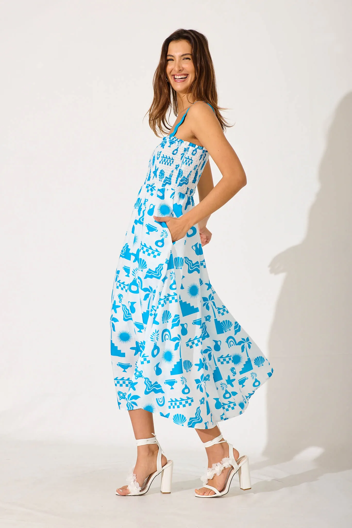 Mora Maxi Sundress In White Blue Ric Rac Trim Cotton Blend sold by St Frock product image thumbnail 3