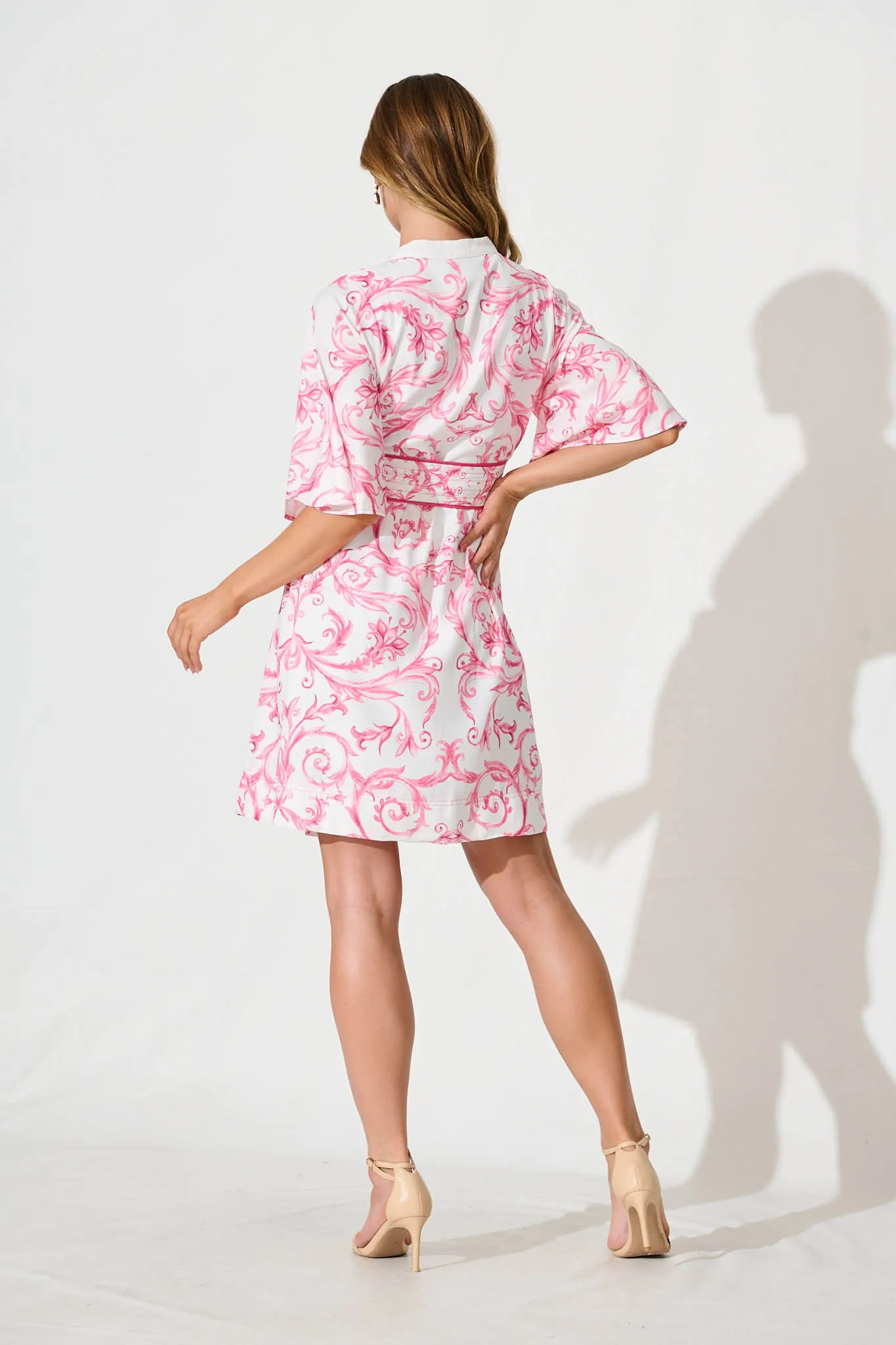 Mira Dress In White With Pink Print Linen Blend sold by St Frock product image thumbnail 4