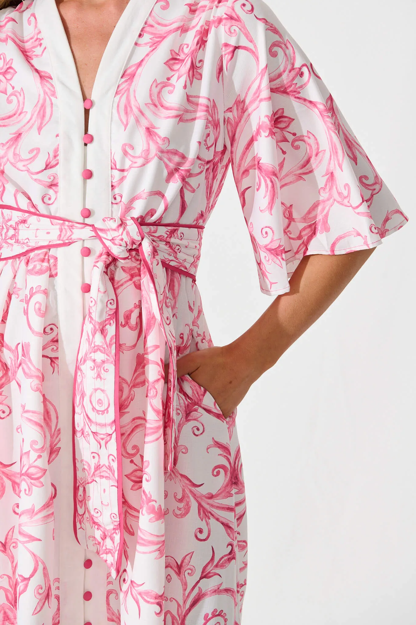 Mira Dress In White With Pink Print Linen Blend sold by St Frock product image thumbnail 5