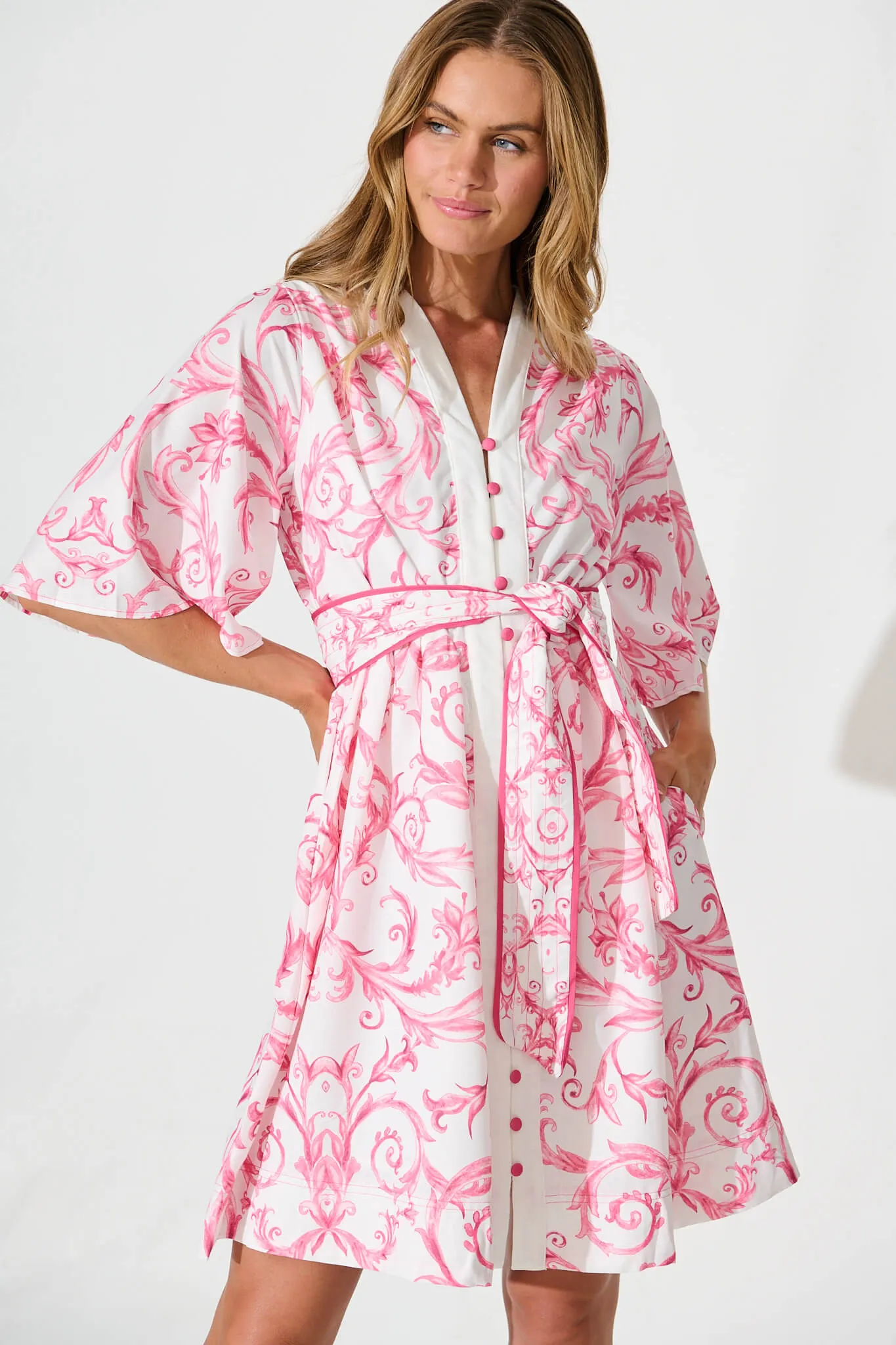 Mira Dress In White With Pink Print Linen Blend sold by St Frock product image thumbnail 2