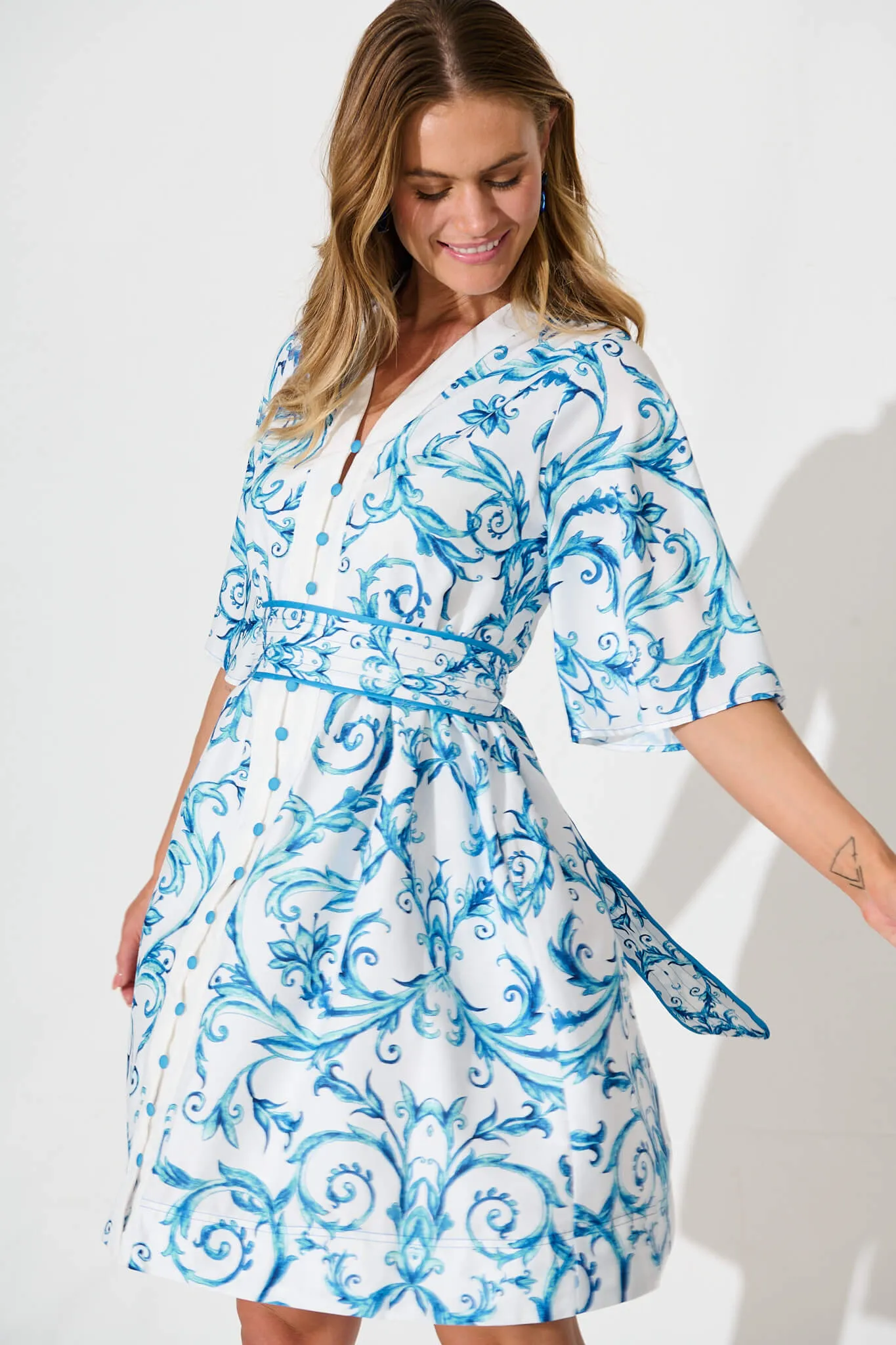 Mira Dress In White With Blue Print Linen Blend sold by St Frock product image thumbnail 2