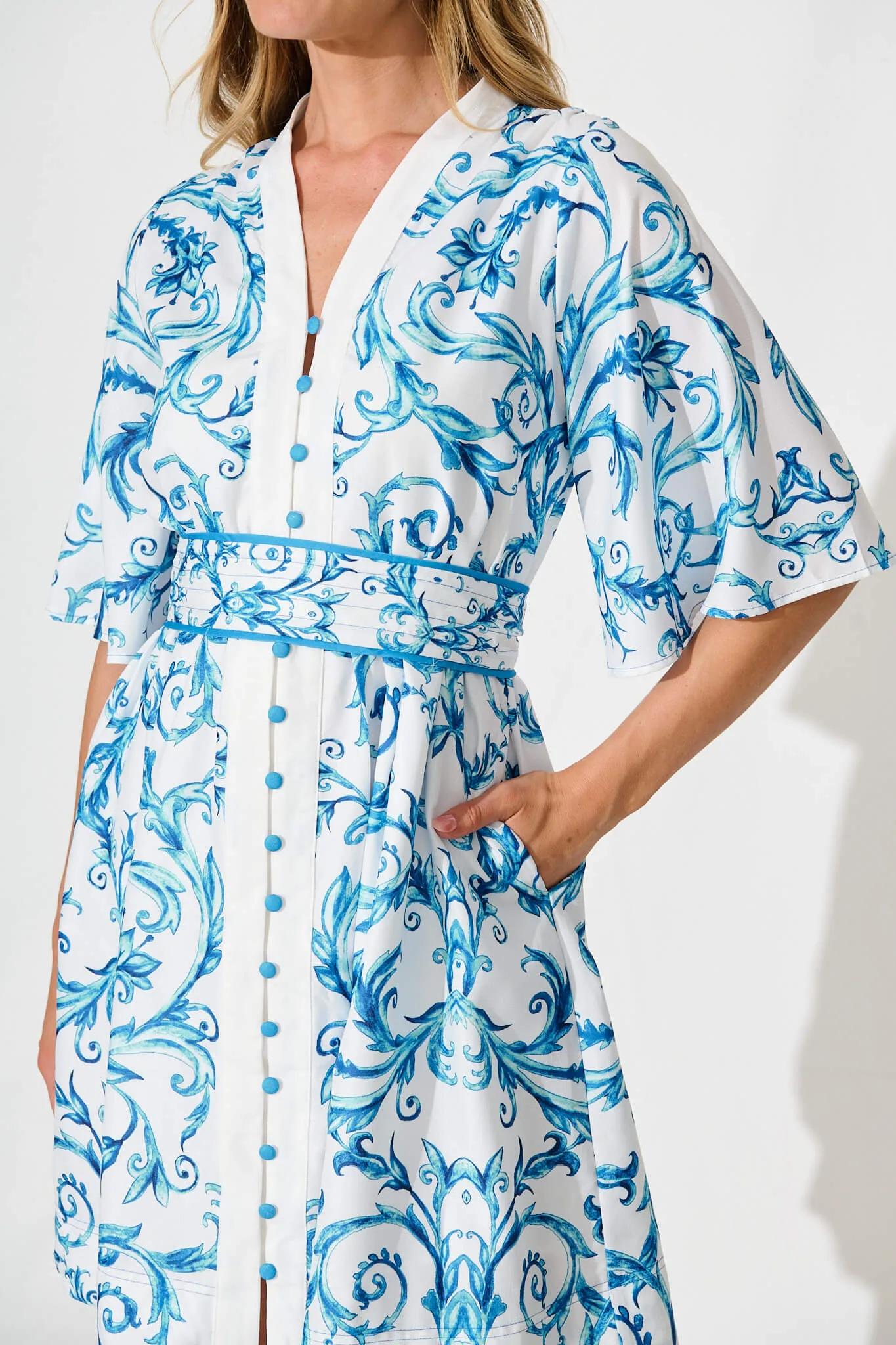 Mira Dress In White With Blue Print Linen Blend sold by St Frock product image thumbnail 5