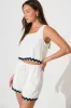 Fontaine Short in White Linen Blend with Navy Ric Rac Trim sold by St Frock