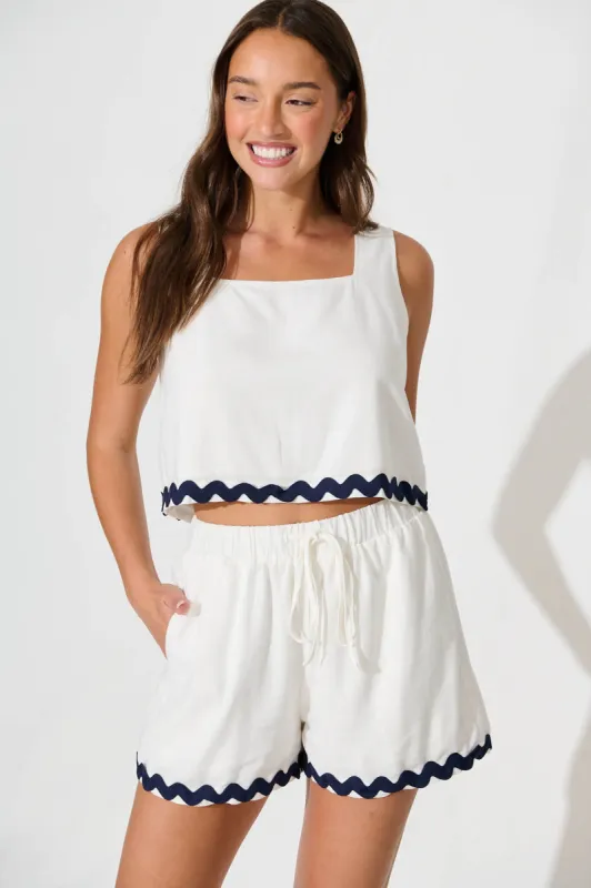 Fontaine Short in White Linen Blend with Navy Ric Rac Trim sold by St Frock