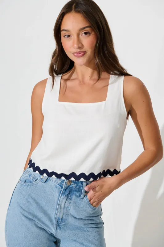Acordia Top in White Linen Blend with Navy Ric Rac Trim sold by St Frock
