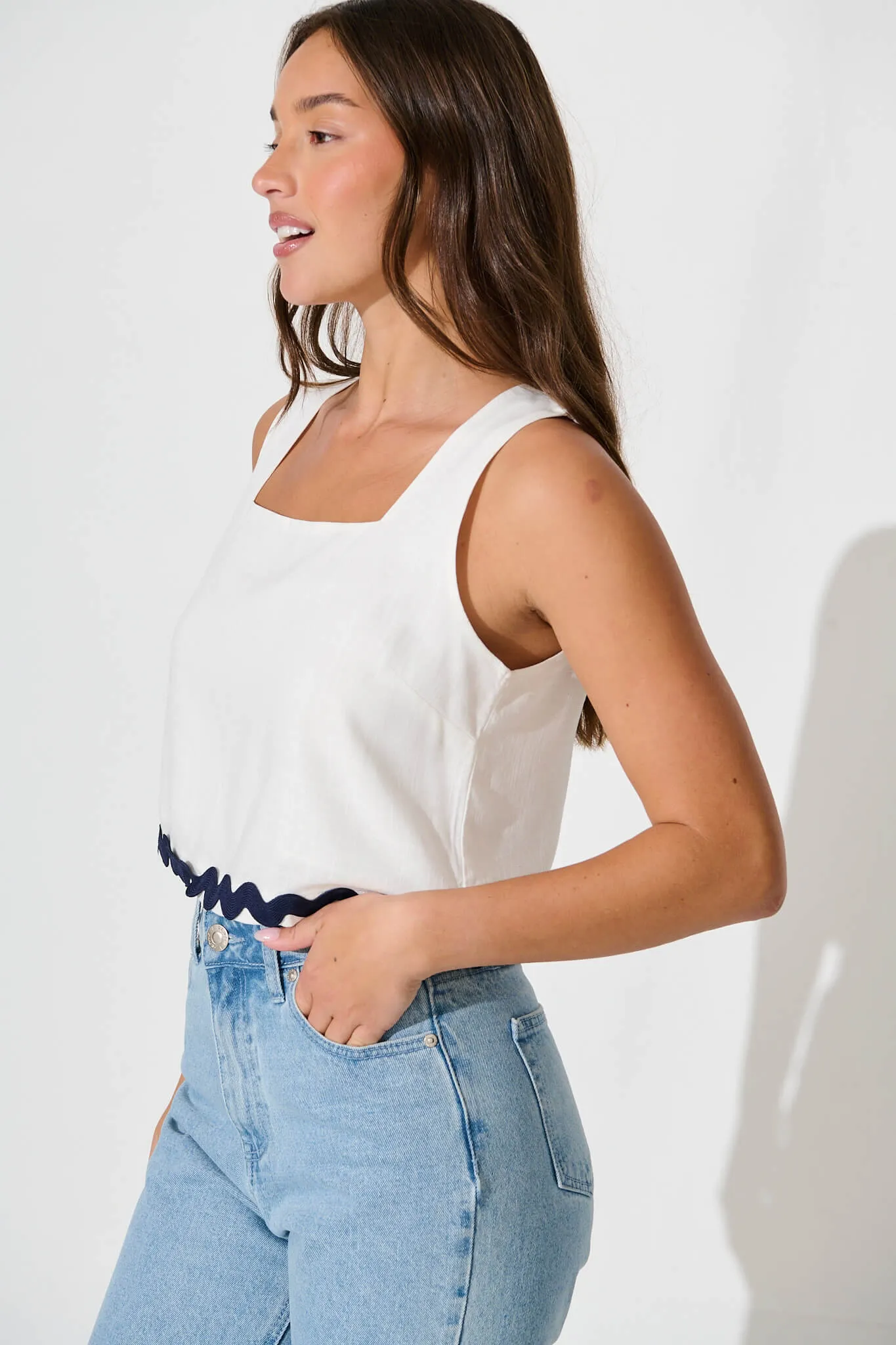 Acordia Top in White Linen Blend with Navy Ric Rac Trim sold by St Frock product image thumbnail 2