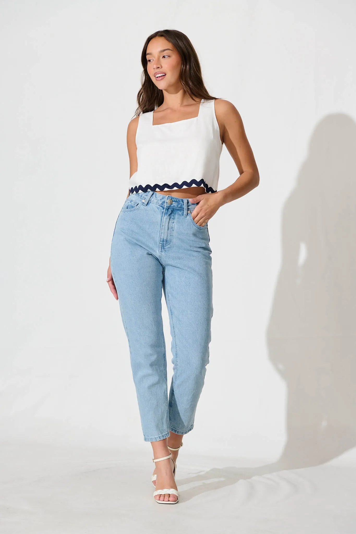 Acordia Top in White Linen Blend with Navy Ric Rac Trim sold by St Frock product image thumbnail 4