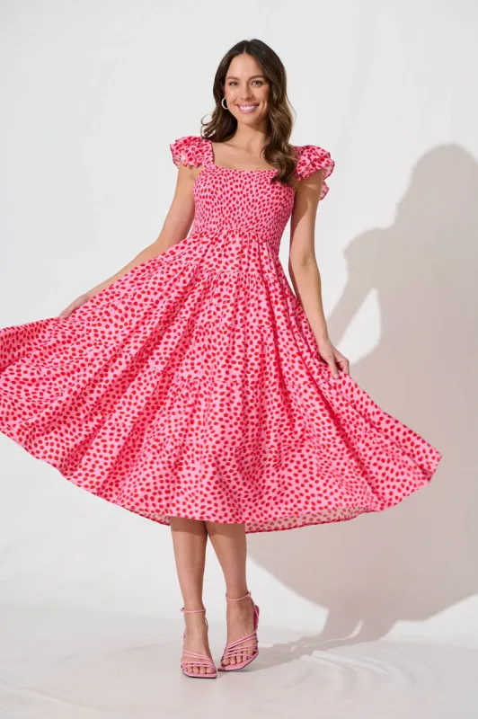 Anastasia Midi Dress In Pink With Red Speckle sold by St Frock