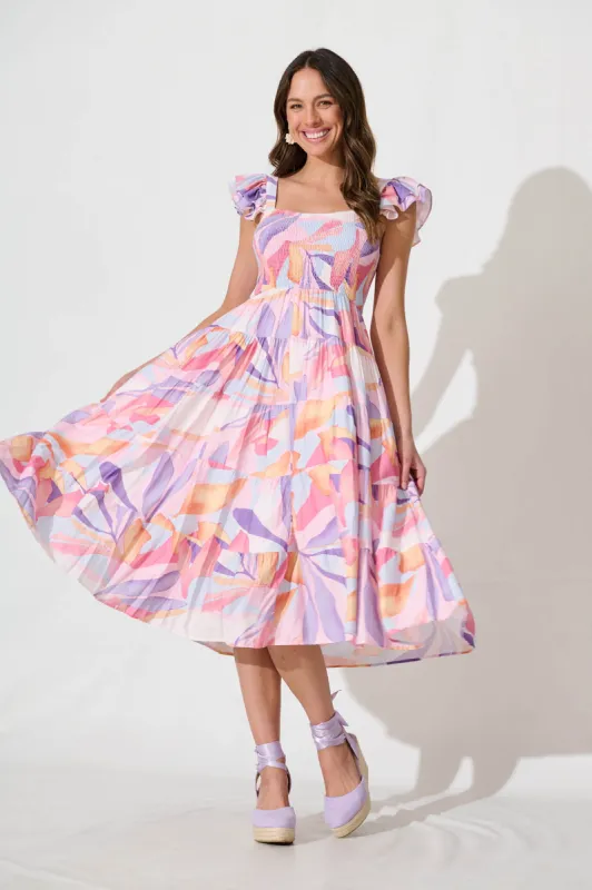 Anastasia Midi Dress in Lilac and Multi Print sold by St Frock