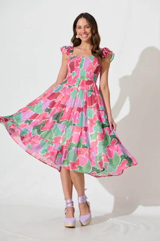 Anastasia Midi Dress In Pink With Multi Floral Print sold by St Frock
