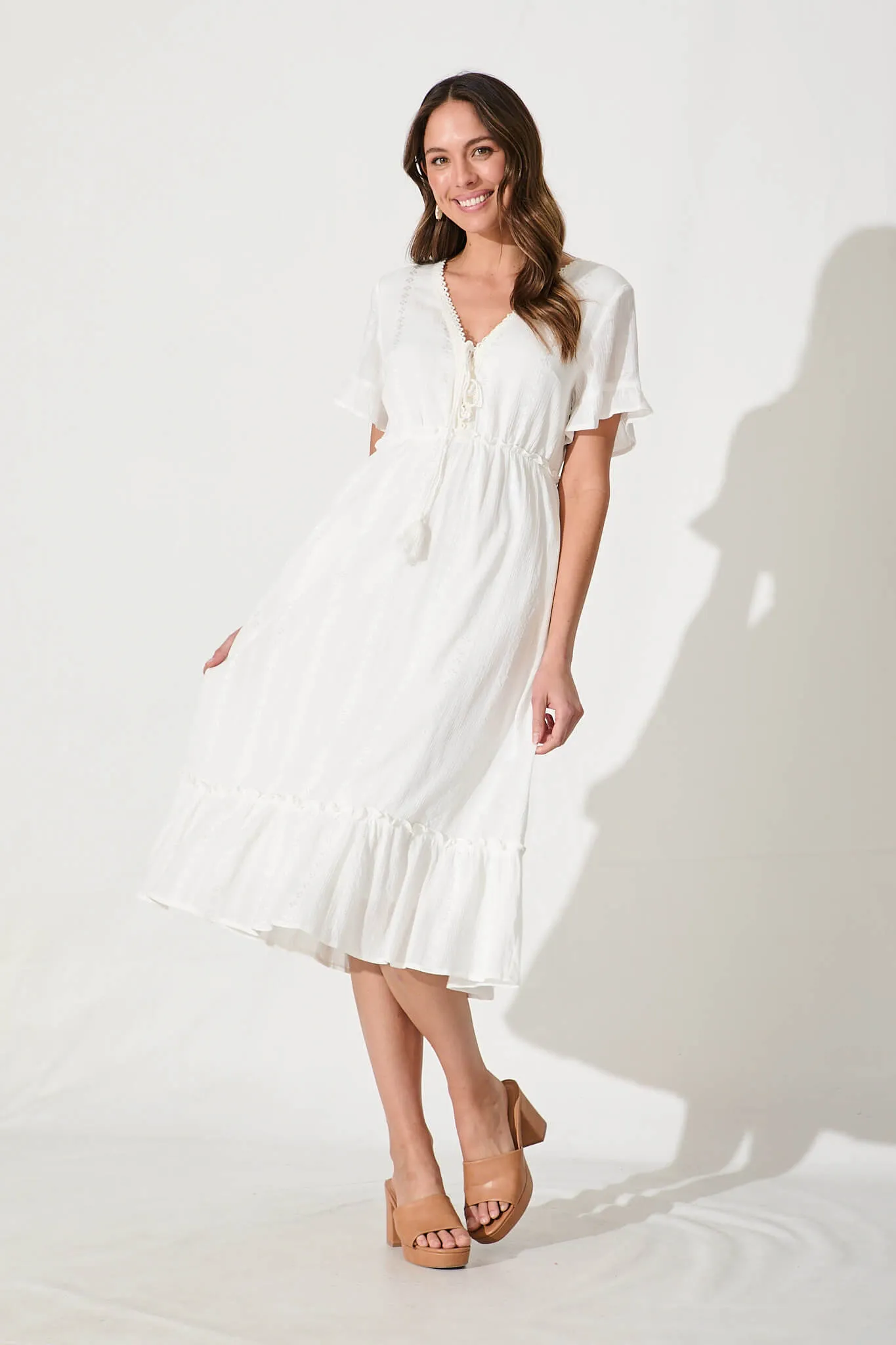 Clea Midi Dress in White Cotton sold by St Frock