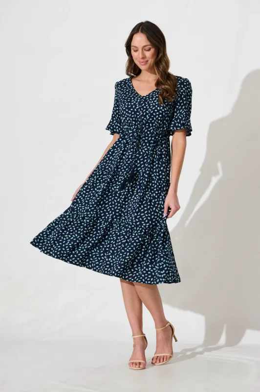 Raphaelle Midi Dress in Navy with Blue Speckle sold by St Frock