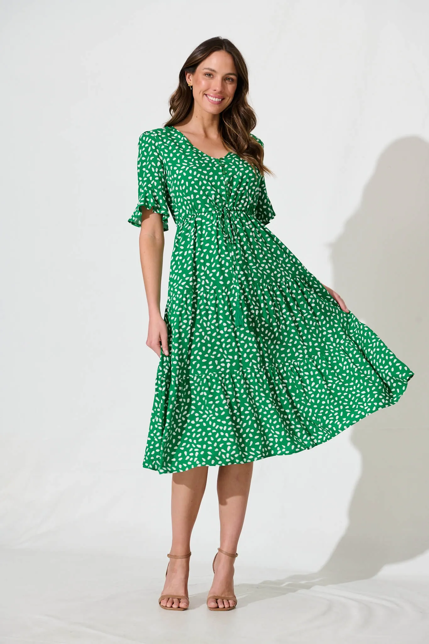 PRE ORDER Raphaelle Midi Dress in Green with White Speckle sold by St Frock