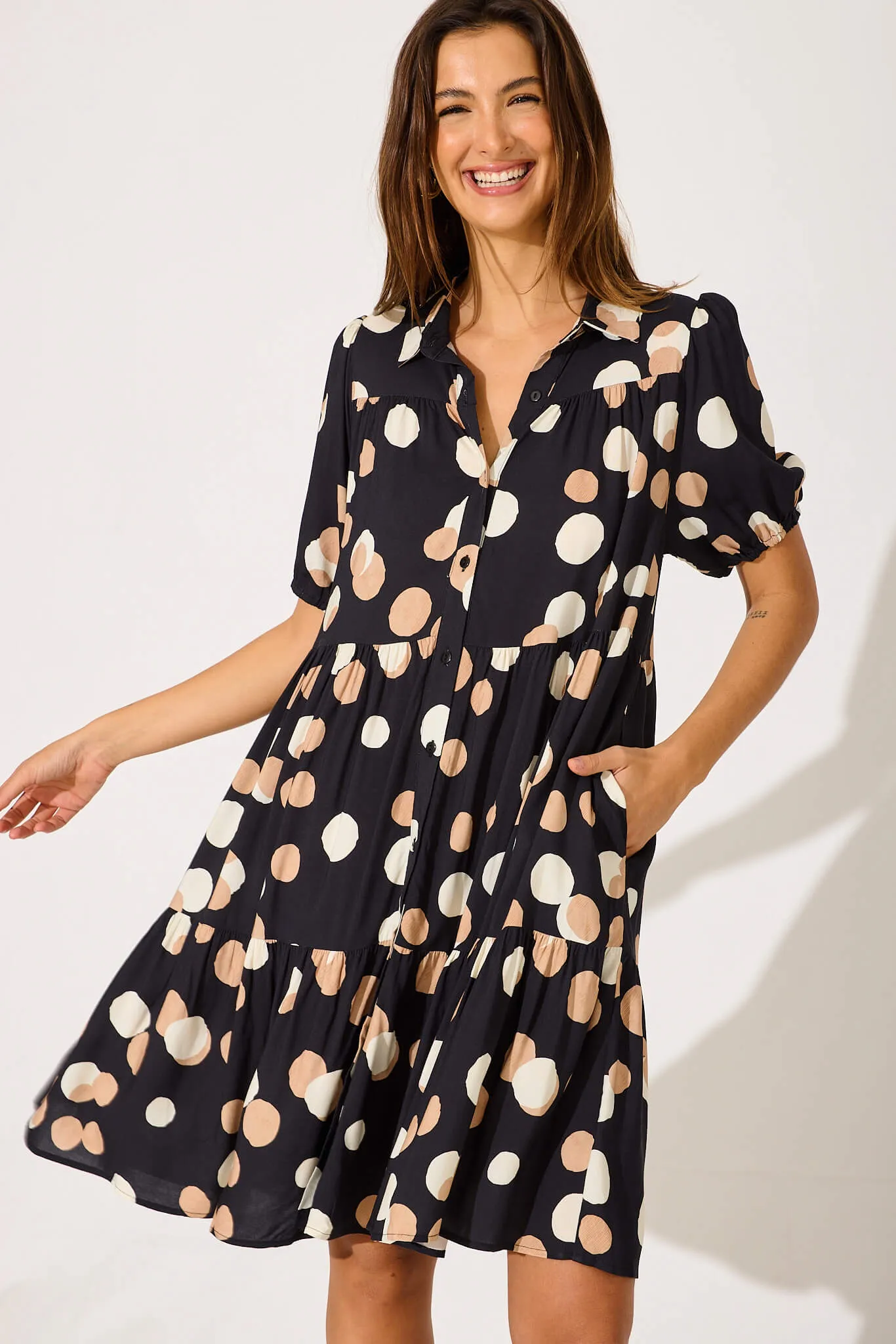 Felicia Shirt Dress In Black With Cream Spot sold by St Frock product image thumbnail 2