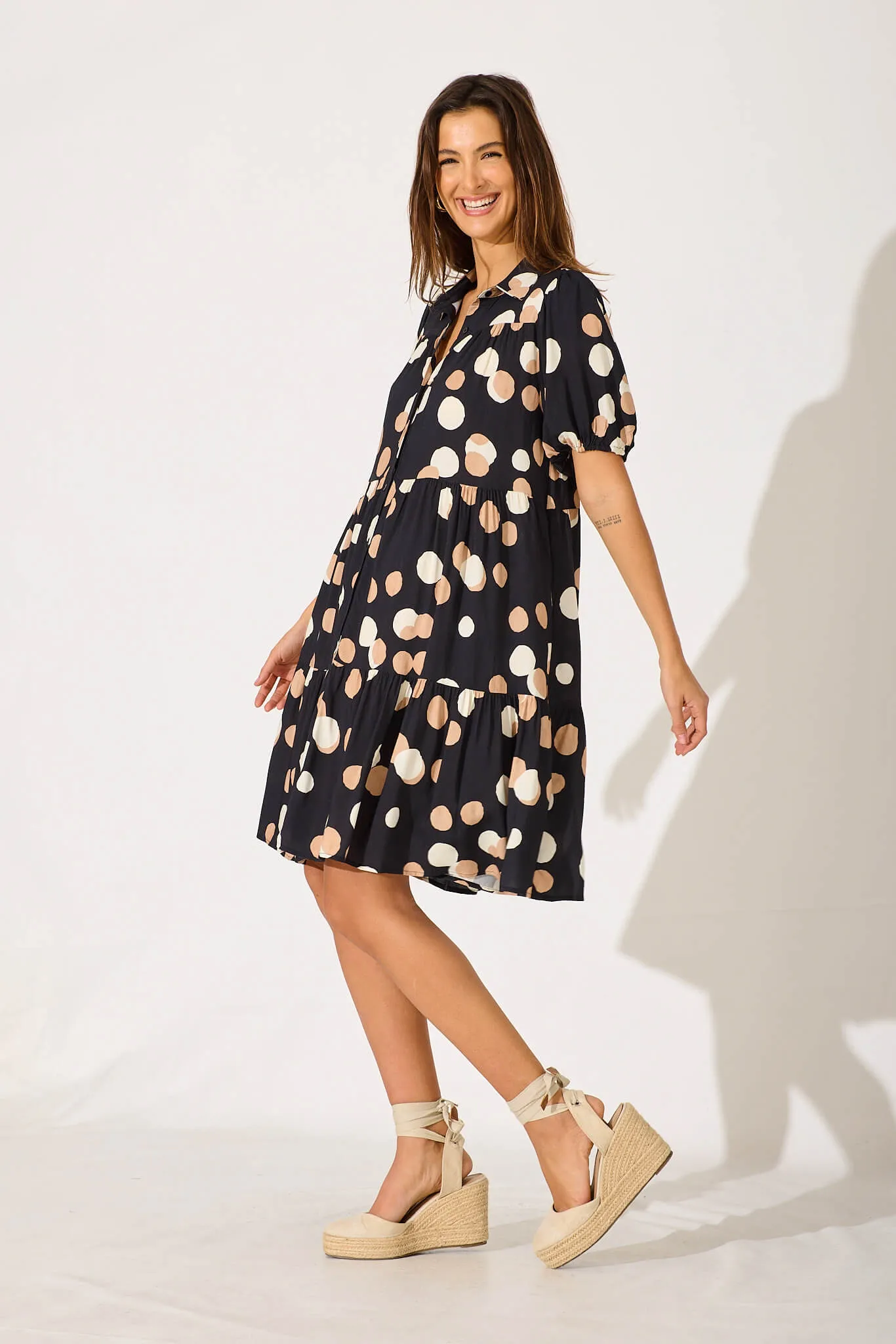 Felicia Shirt Dress In Black With Cream Spot sold by St Frock product image thumbnail 3