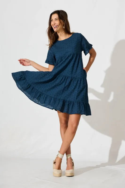 Chiswick Smock Dress In Teal Cotton Broderie sold by St Frock