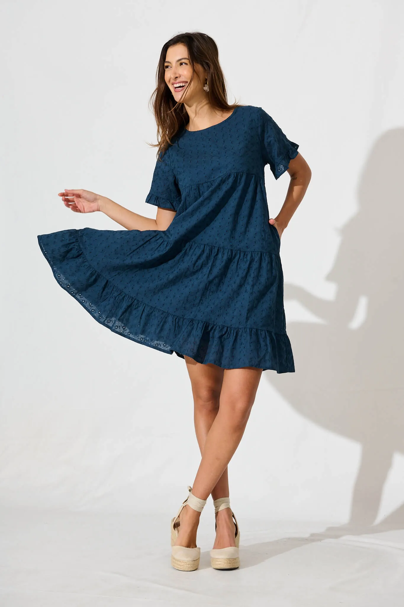 Chiswick Smock Dress In Teal Cotton Broderie sold by St Frock