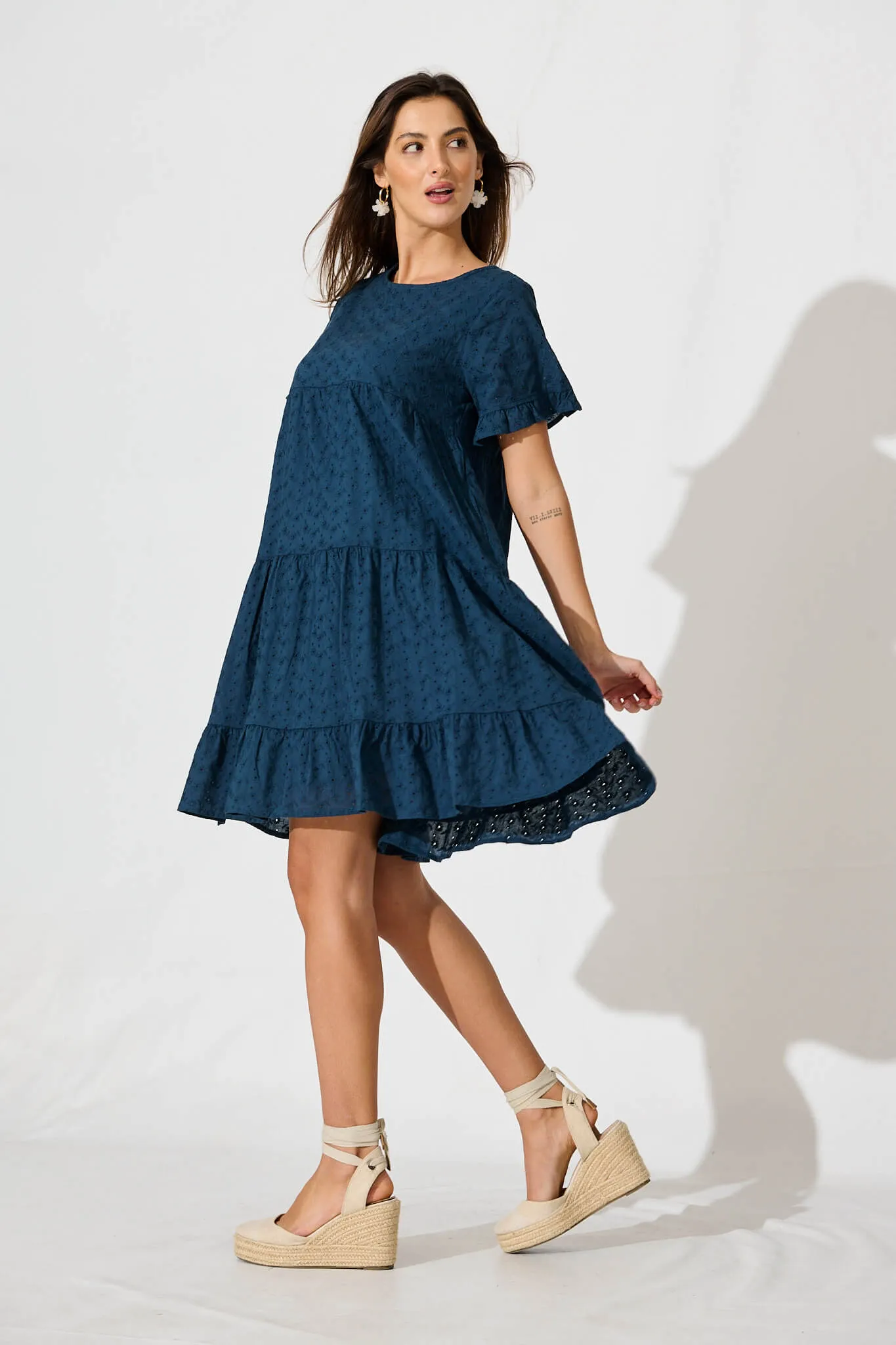 Chiswick Smock Dress In Teal Cotton Broderie sold by St Frock product image thumbnail 3
