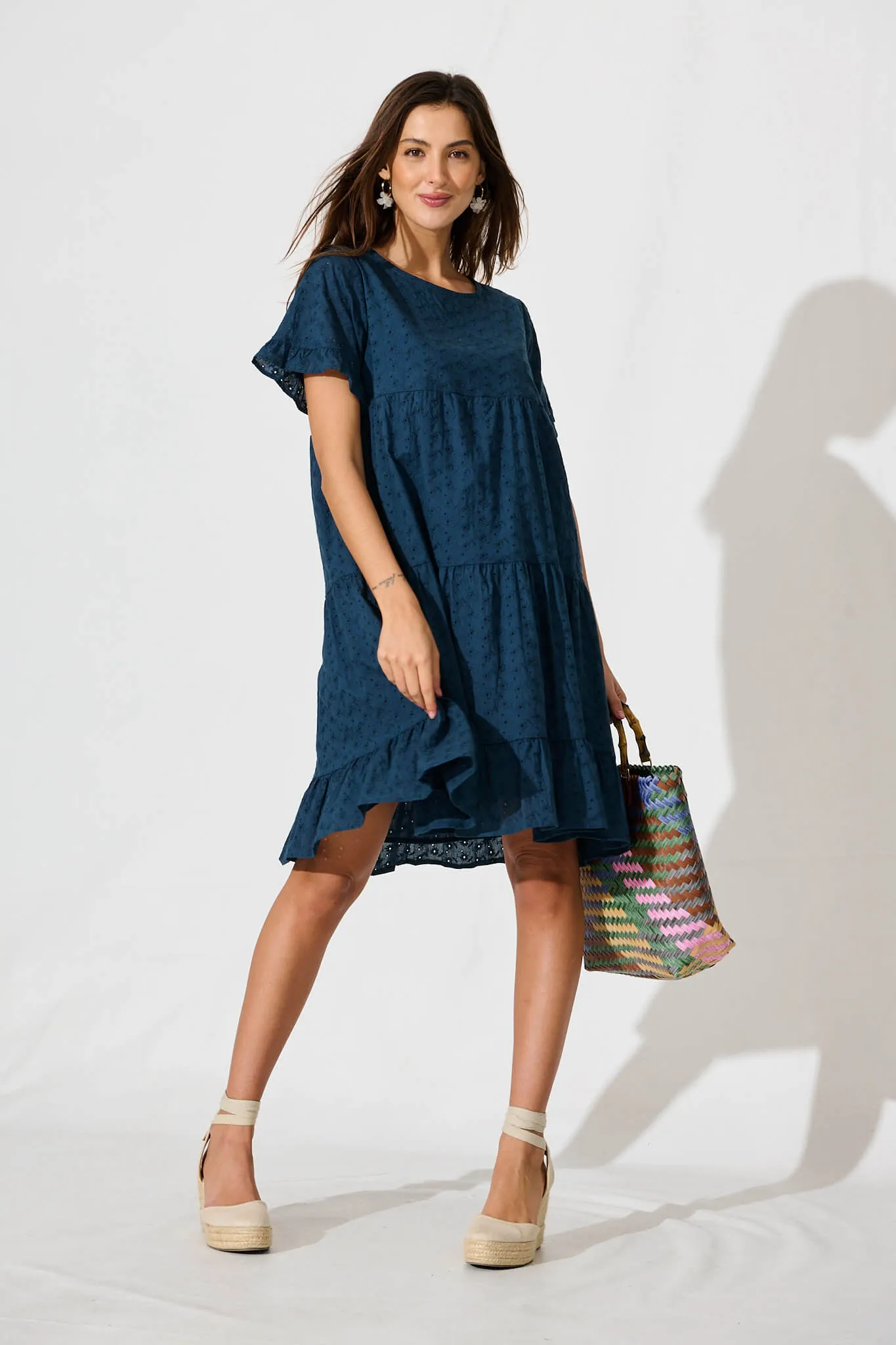 Chiswick Smock Dress In Teal Cotton Broderie sold by St Frock product image thumbnail 5
