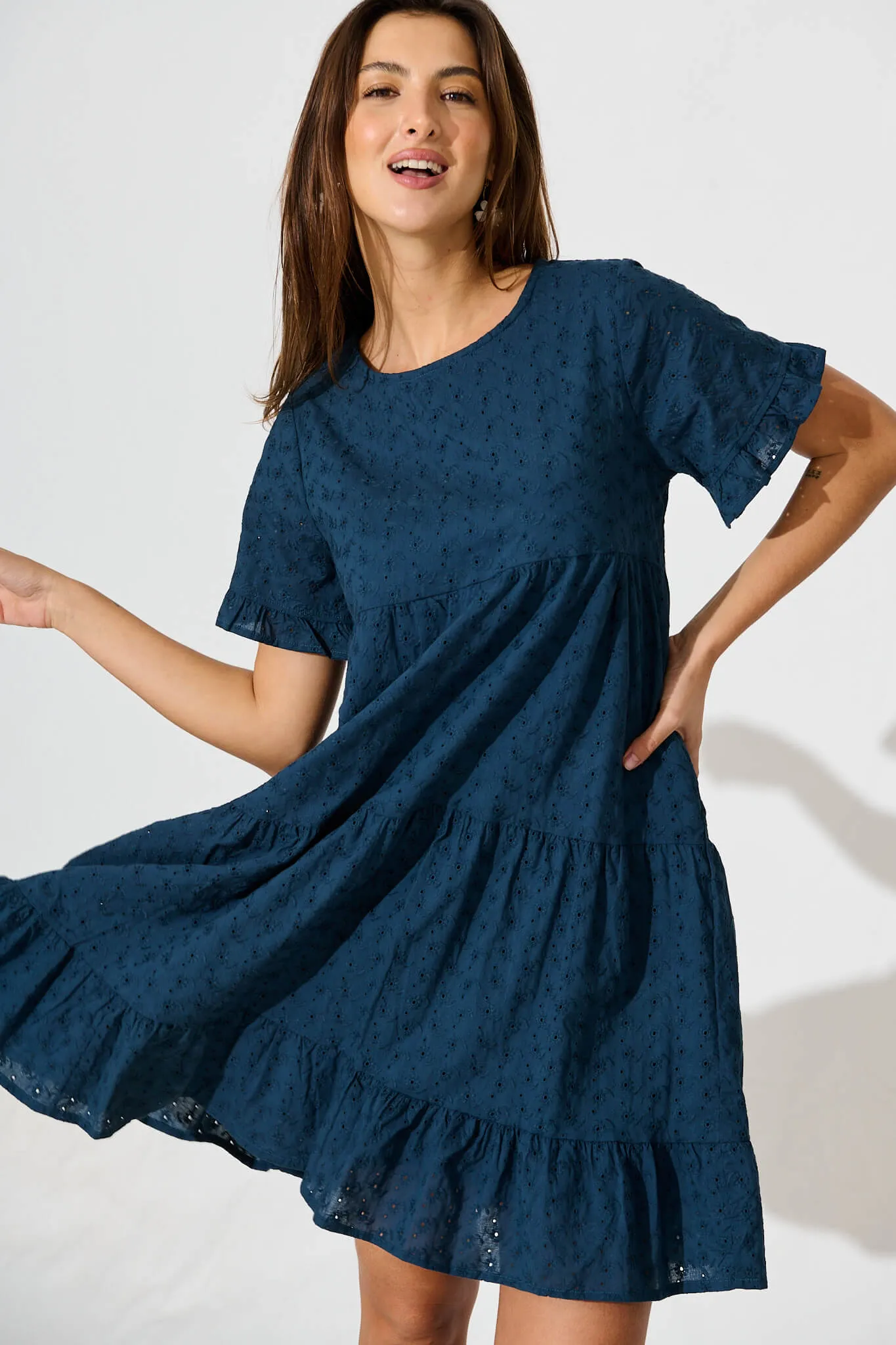 Chiswick Smock Dress In Teal Cotton Broderie sold by St Frock product image thumbnail 2