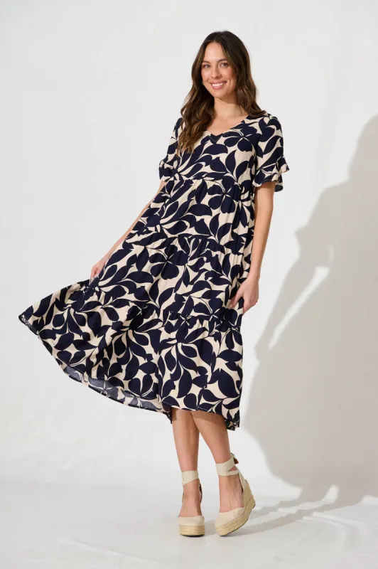 Kristen Midi Smock Dress In Beige With Navy Floral sold by St Frock