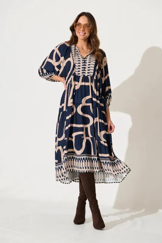 Barrymore Midi Smock Dress In Navy With Beige Border Print sold by St Frock