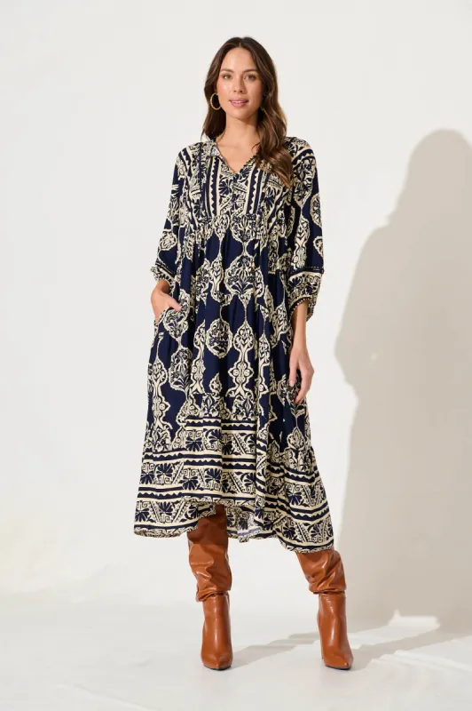 Barrymore Midi Smock Dress In Navy With Cream Print sold by St Frock
