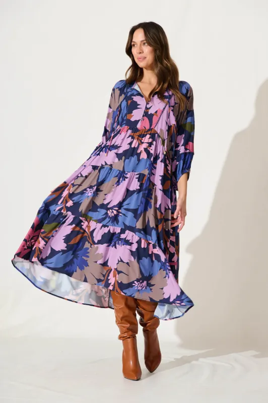 Barrymore Midi Smock Dress In Purple Multi Floral sold by St Frock