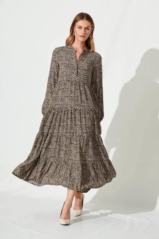 Becky Maxi Smock Dress In Beige And Black Leopard Print sold by St Frock