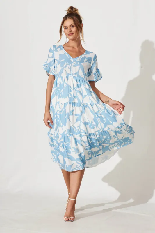 Kristen Midi Smock Dress In White With Blue Floral Linen Blend sold by St Frock