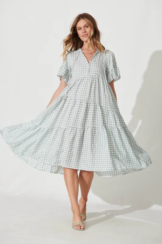 Charliese Midi Smock Dress In Green And White Gingham Cotton Blend sold by St Frock