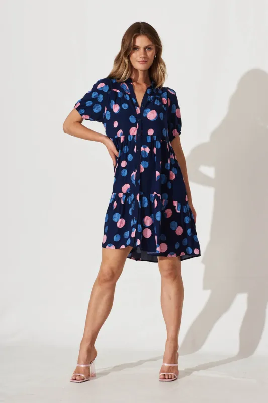 Felicia Shirt Dress In Navy With Pink And Blue Spot sold by St Frock