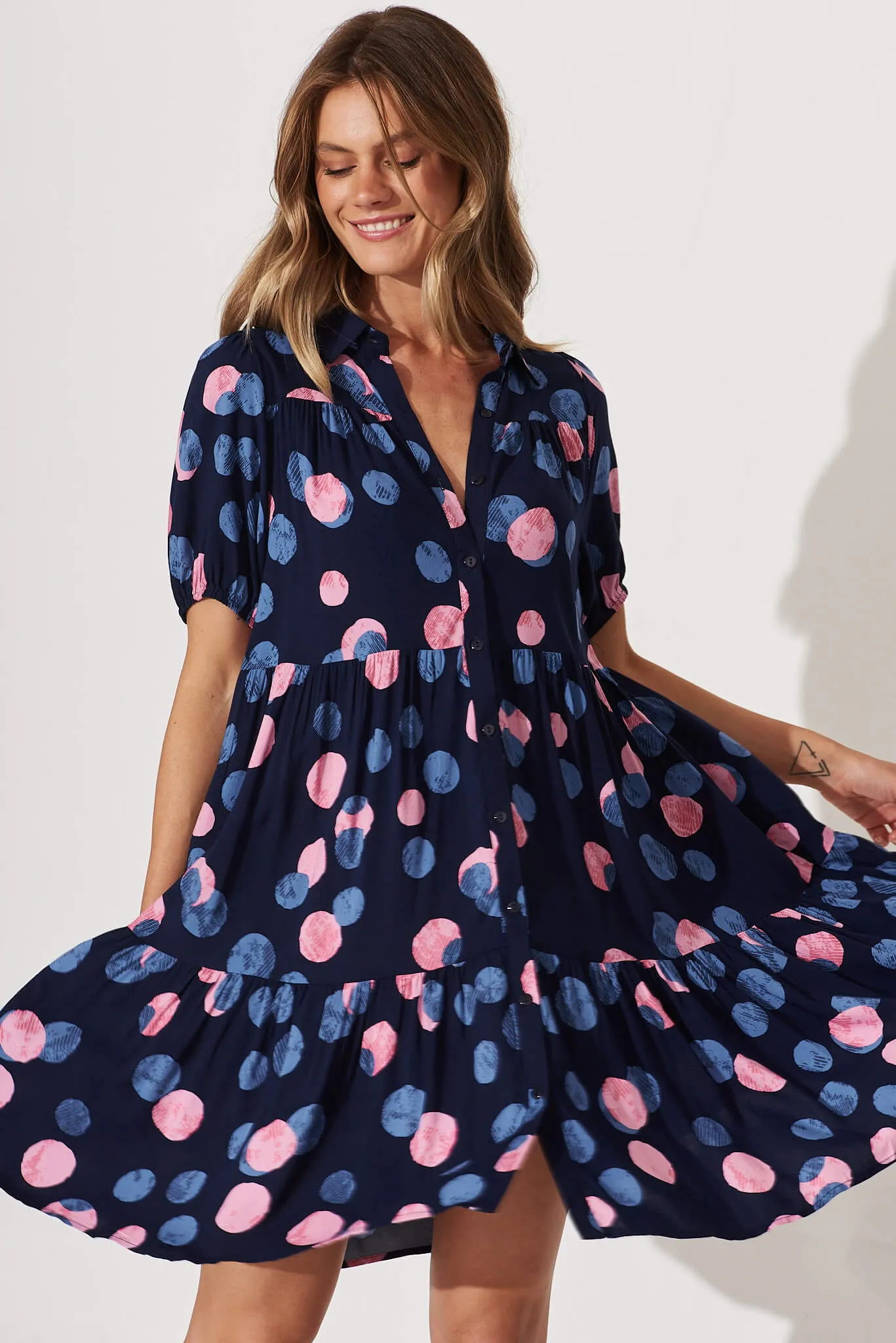 Felicia Shirt Dress In Navy With Pink And Blue Spot sold by St Frock product image thumbnail 2