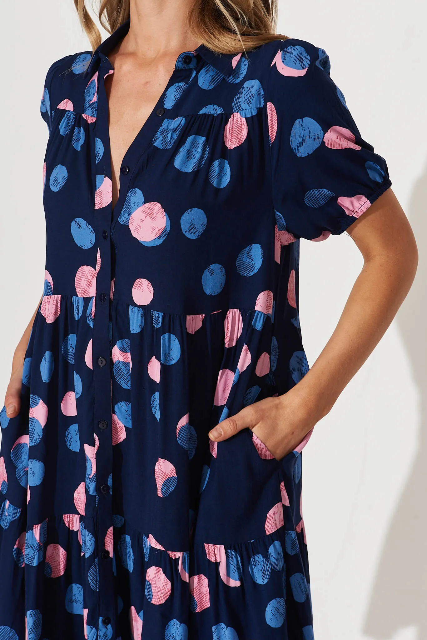 Felicia Shirt Dress In Navy With Pink And Blue Spot sold by St Frock product image thumbnail 5