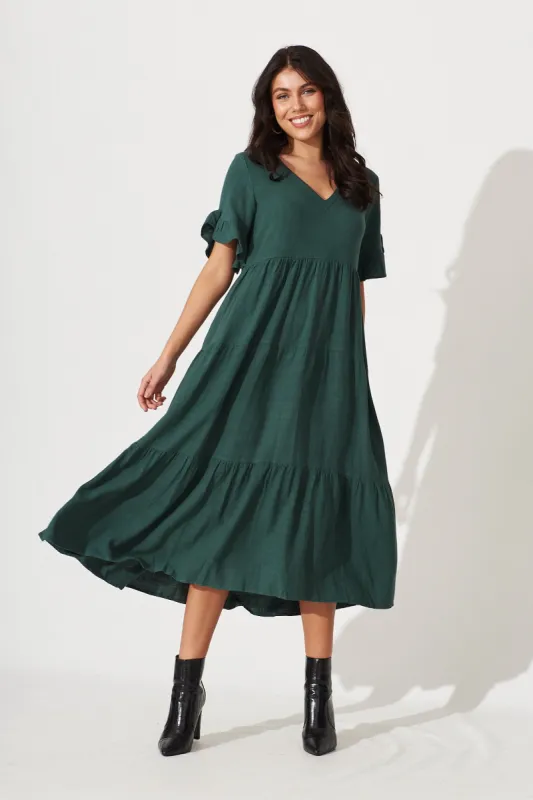 Kristen Midi Smock Dress In Green Linen Blend sold by St Frock