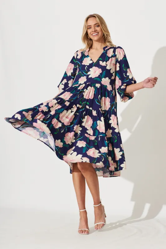 Kehlana Tiered Smock Dress In Navy With Blush Floral sold by St Frock