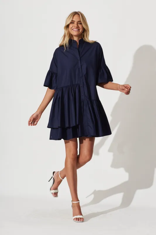 Blaire Smock Dress In Navy Cotton Blend sold by St Frock