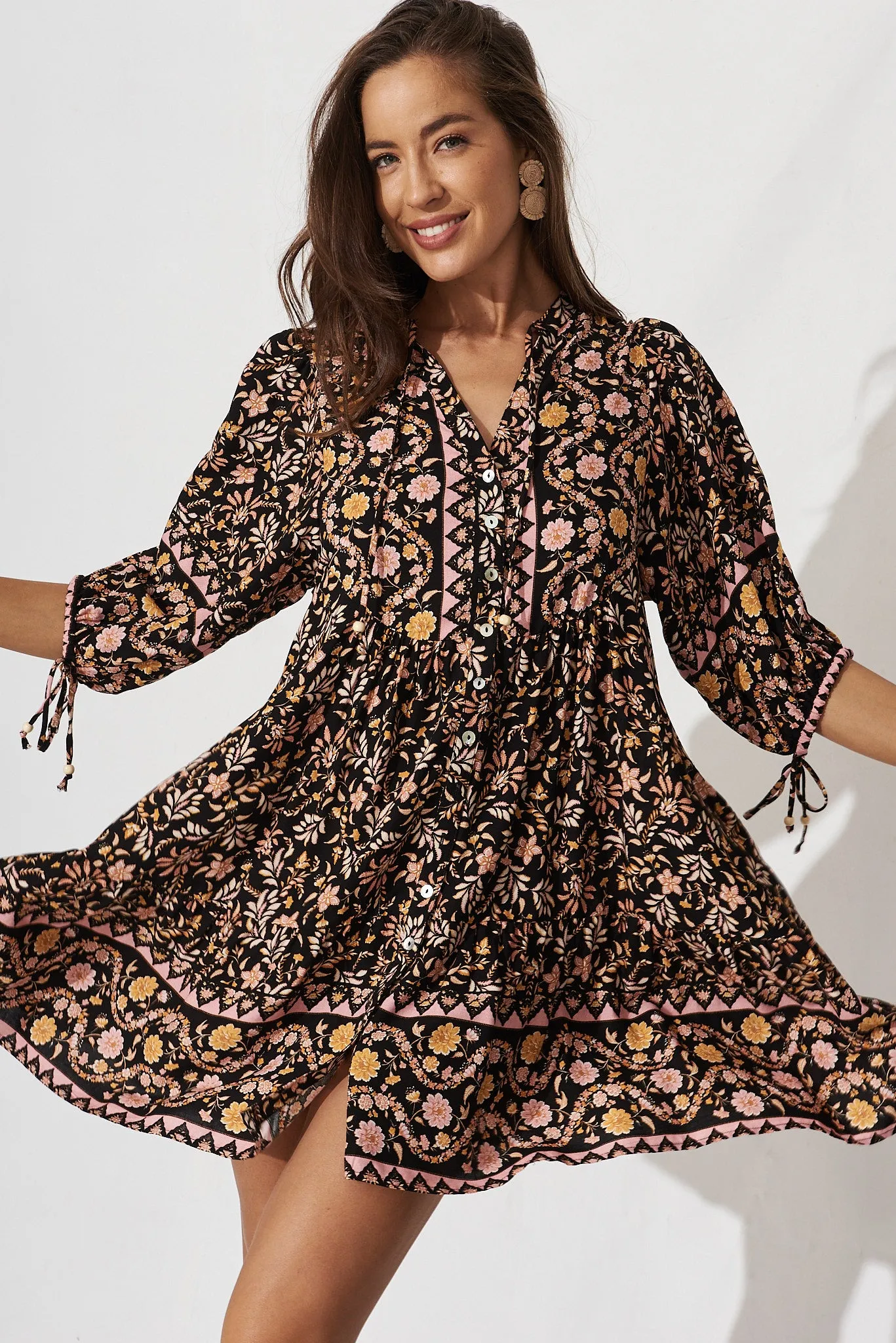 Emelyn Smock Dress In Black With Blush Multi Boho Floral sold by St Frock product image thumbnail 2