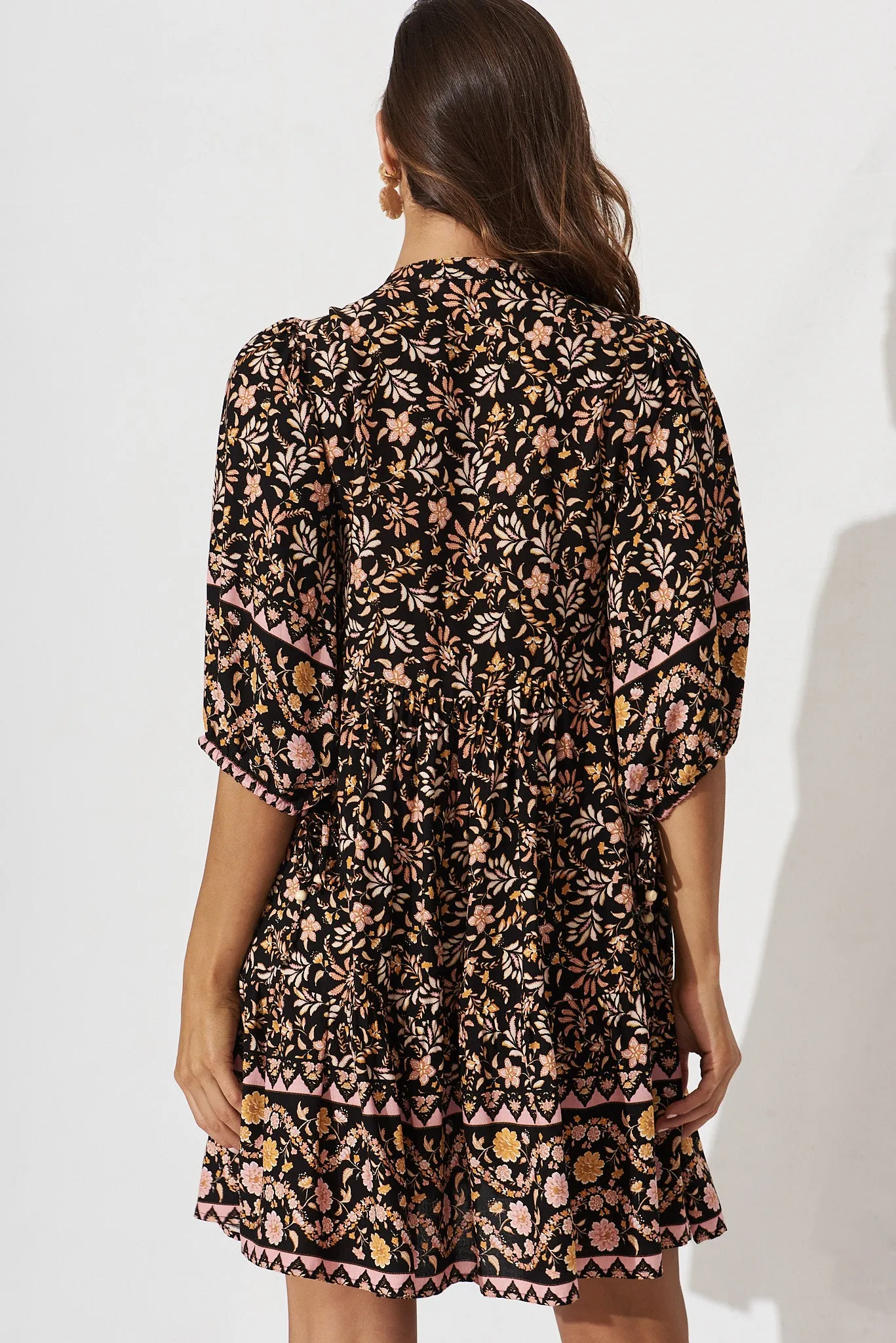 Emelyn Smock Dress In Black With Blush Multi Boho Floral sold by St Frock product image thumbnail 4