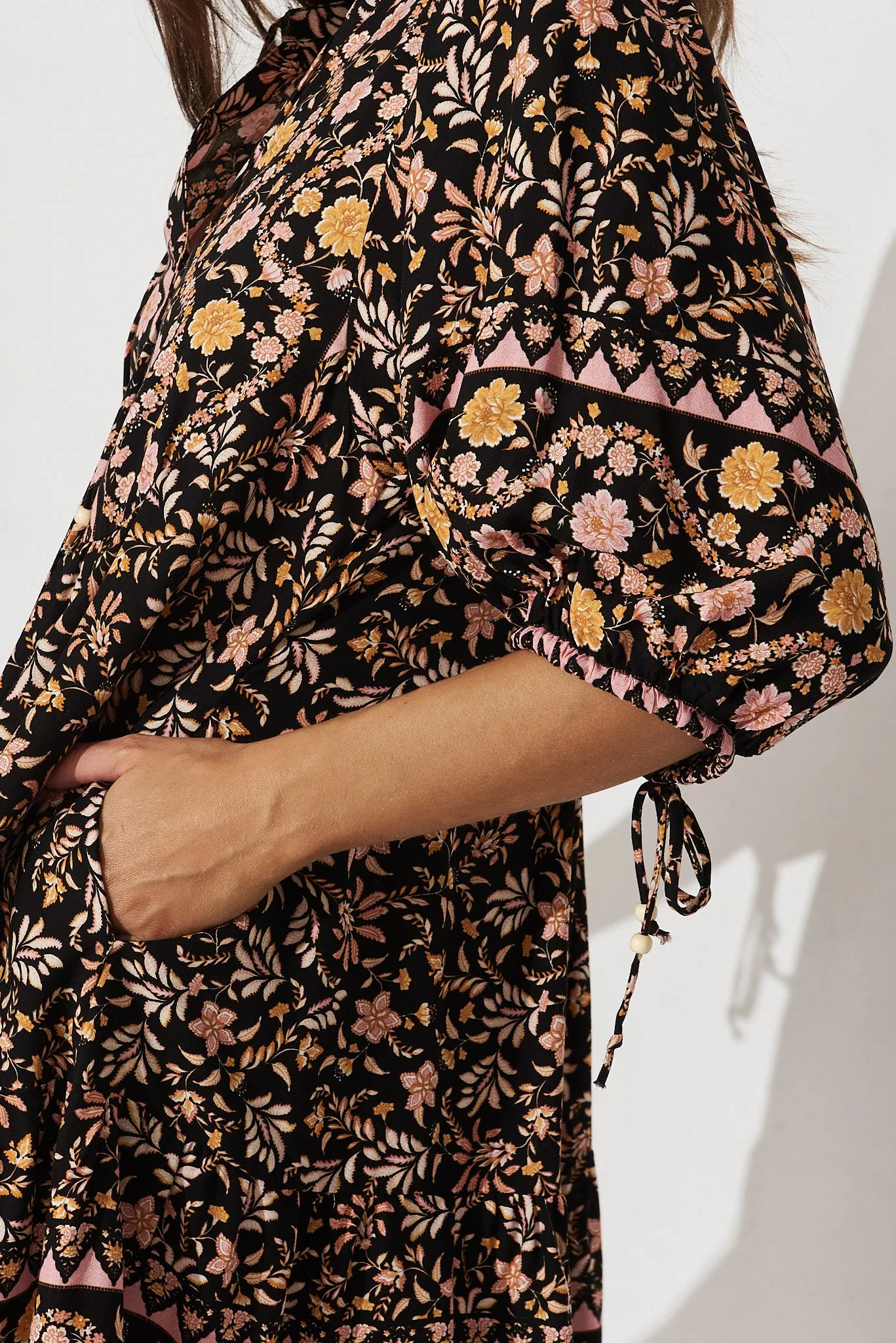 Emelyn Smock Dress In Black With Blush Multi Boho Floral sold by St Frock product image thumbnail 5